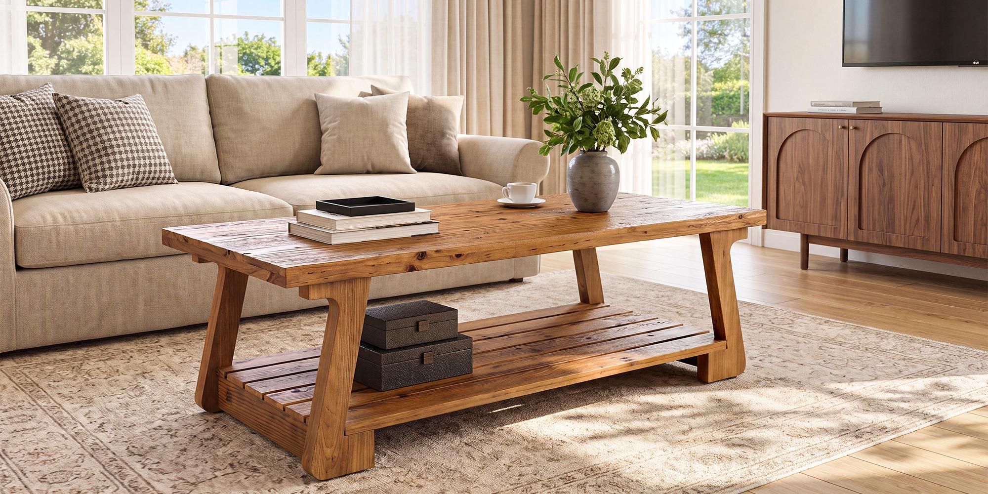 Couchtisch aus Massivholz, 140 cm breiter Beistelltisch mit 2 Ablageflächen für Wohnzimmer und kleine Räume, rustikales Braun