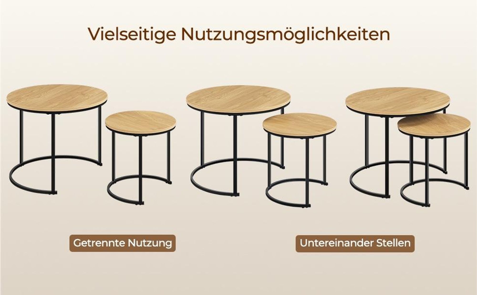 Yaheetech Couchtisch 2er Set, runder Beistelltisch Set, Sofatisch mit Metallgestell, Satztische für Wohnzimmer Schlafzimmer, Eiche
