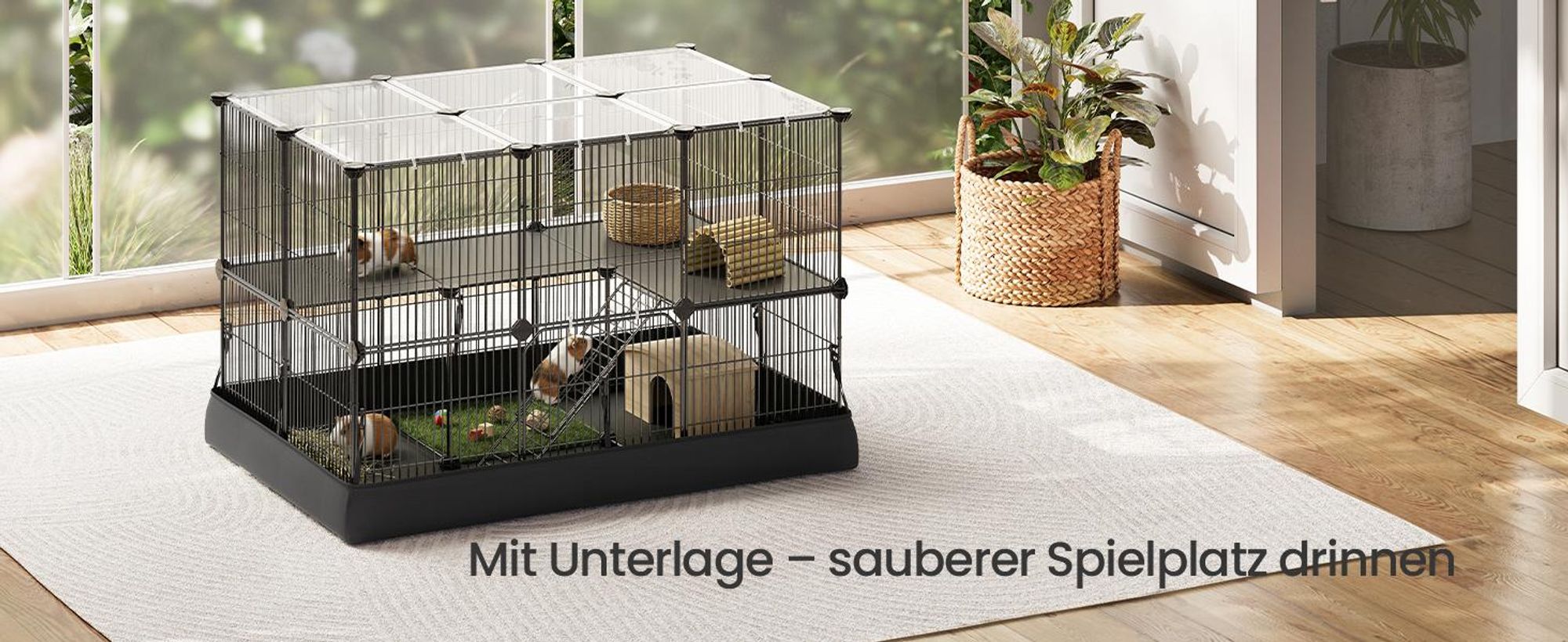 SONGMICS Kleintiergehege 2-Stöckig mit Wasserresistenter Unterlage für Kaninchen 93 x 63 x 61,5 cm Schwarz