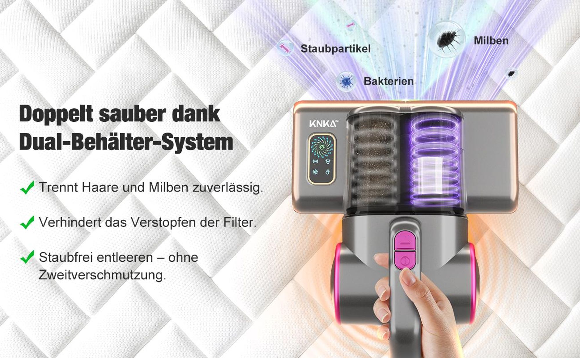 KNKA PRO Matratzensauger 500 W, Milbenstaubsauger mit UV-C-Licht 253,7 nm, 16 kPa Tiefensaugkraft, HEPA-Filter & Aluminiumwalze, 30.000 Vibrationen/Min., 0,5 L Behälter, ideal für Allergiker