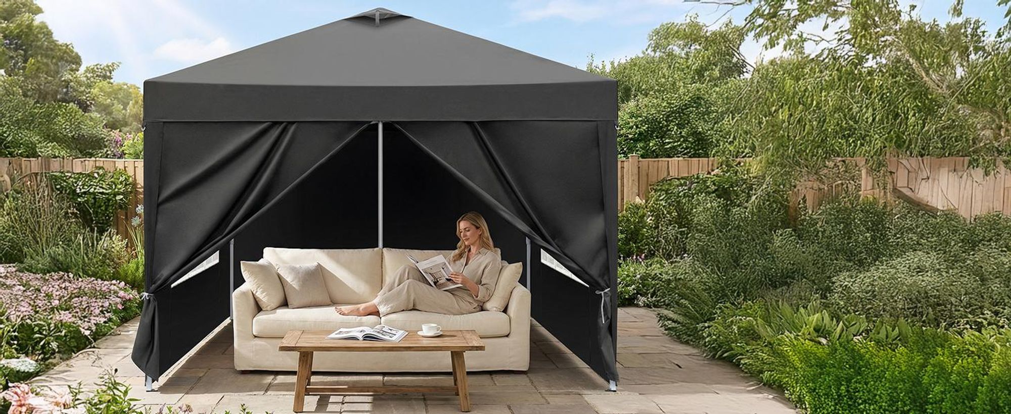 FCH 3x3M Pavillon Wasserdicht Pop up Faltpavillon Pavillon mit 4 Seitenteilen Faltbar Zelt Gartenpavillon, 4 Sandsack，Schwarz
