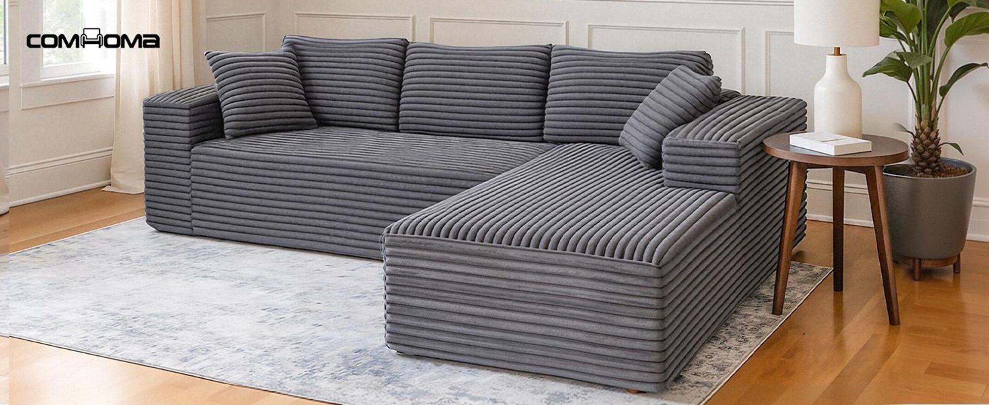 COMHOMASofa Big-Sofa, L-förmige Sofa, Couch Ecksofa, Chaiselongue Schlafsofa mit tiefer Sitzfläche und breiten Armlehnen, Cordstoff dunkelgrau-L