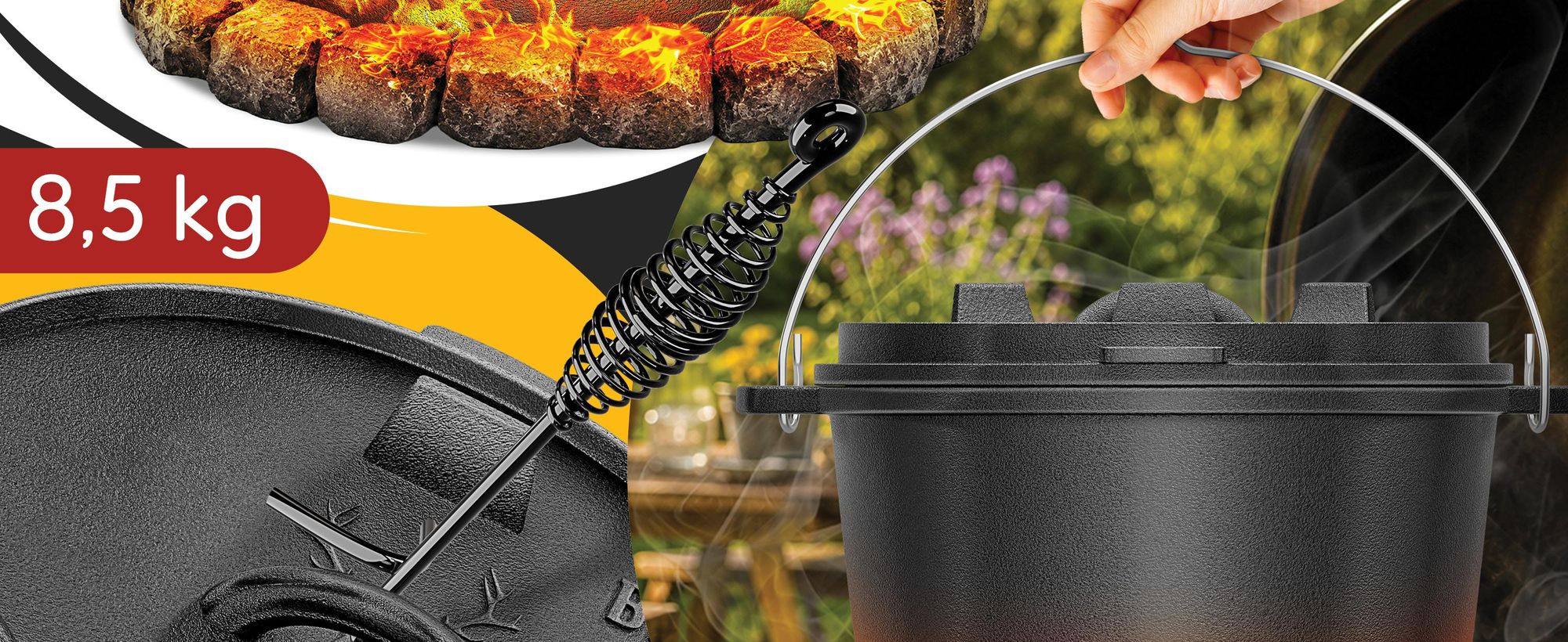 aktimeo Dutch Oven 9,0 L gietijzeren pan met deksel incl. accessoires en receptenboek