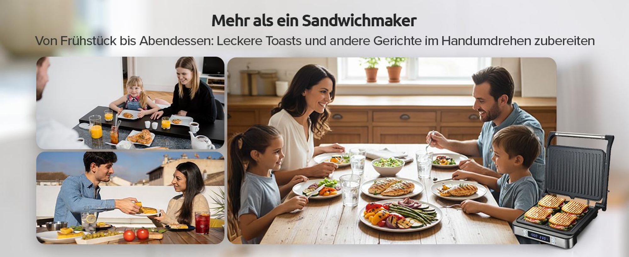 Olvy Kontaktgrill XXL 2000W – Sandwichmaker für 4 Sandwiches, Paninimaker mit 7 Programmen, Tischgrill mit Display, PFAS-frei, bis 230° einstellbar
