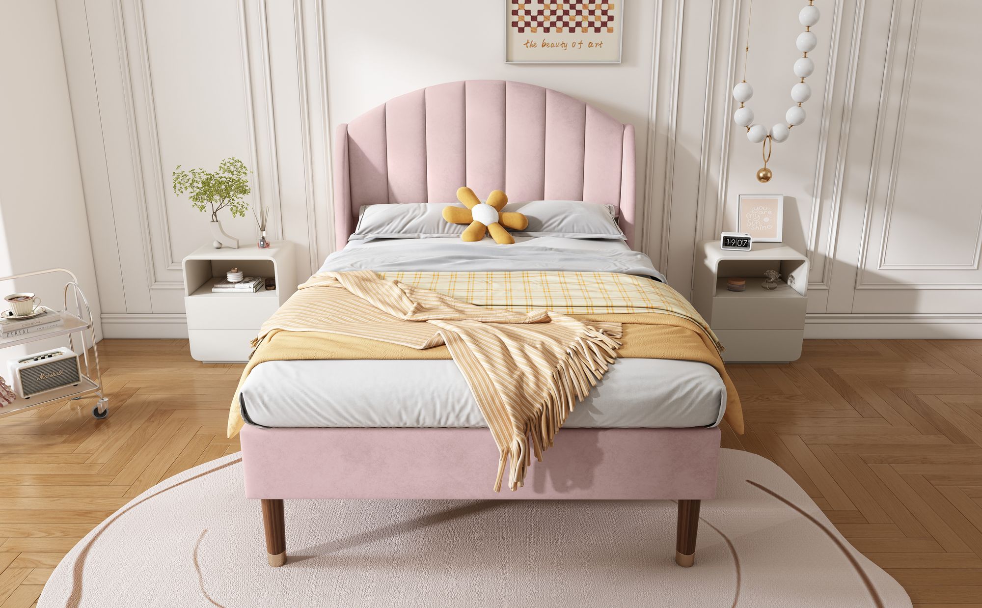 MODFU Polsterbetten 90x200cm, Einzelbet Jugendbett Massivholzbett mit Samtbezug(Ohne Matratze),Rosa