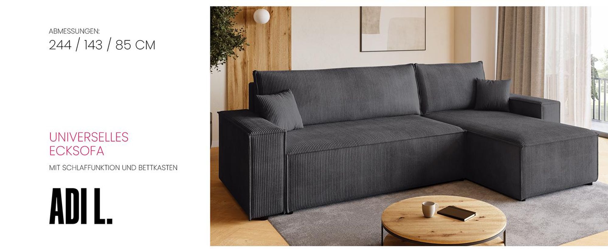 BroMARKT Ecksofa ADI Schlaffunktion Bettkasten L-Form 125x200 cm Beige