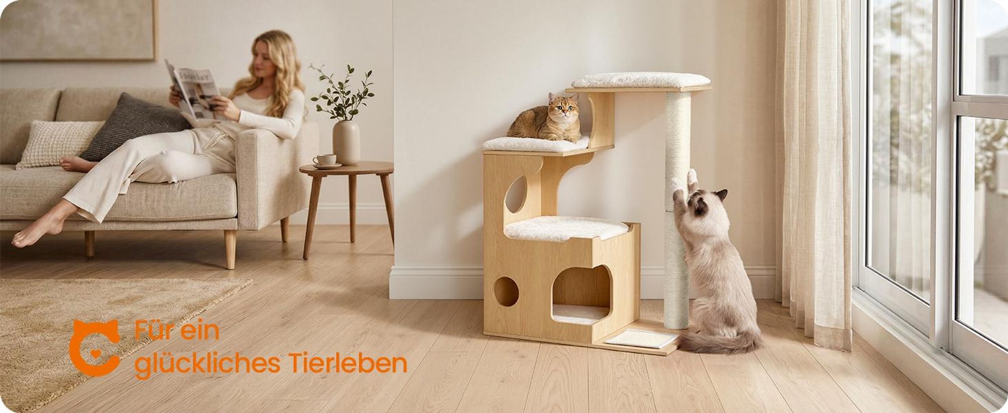 FEANDREA Kratzbaum, Kletterbaum für Katzen, mit Liegeflächen und Höhle, Sisal-Kratzmatte, Plüschkissen, 86 cm, gelb