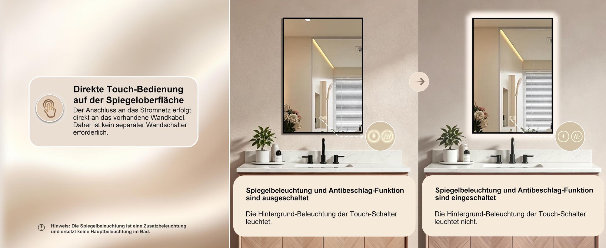 HOKO LED-Badspiegel 50x70 cm, rechteckig mit schwarzem Aluminiumrahmen, Anti-Beschlag, Memory, 2700–6500 K, Touch, hoch/quer, IP44, Kalifornien