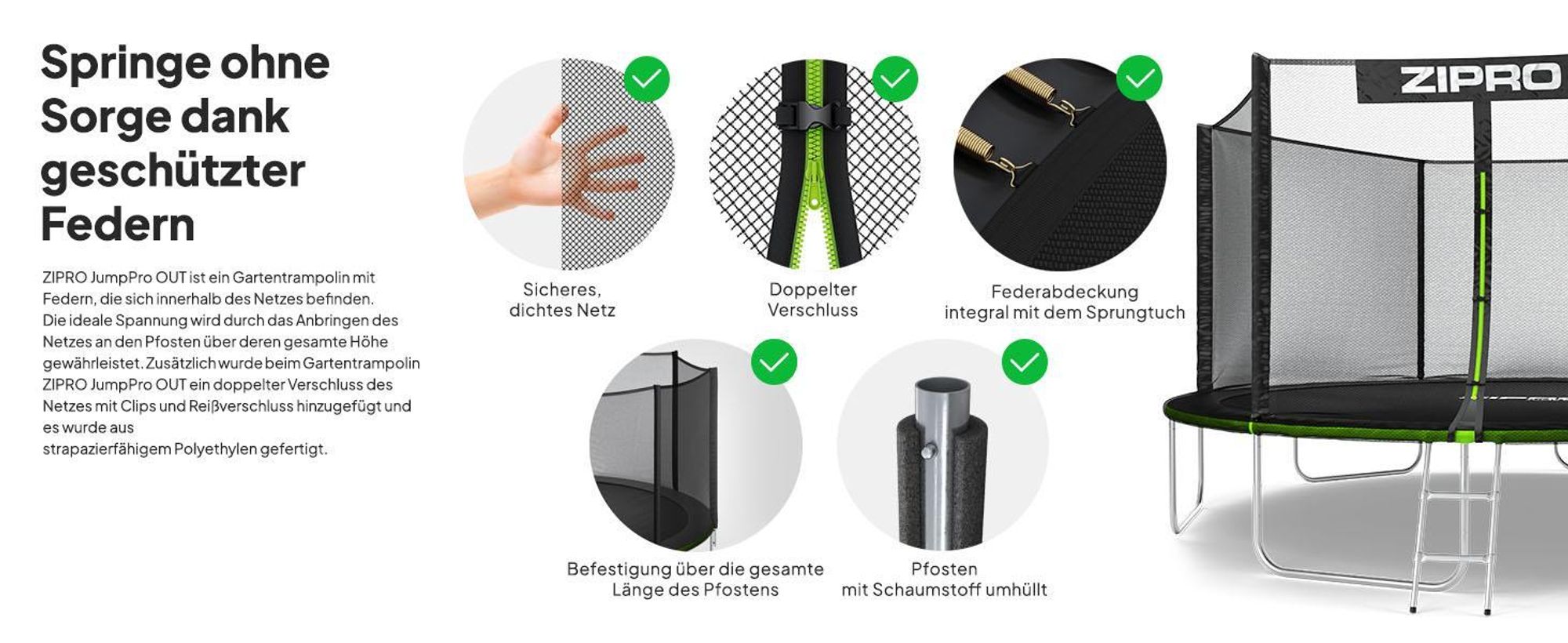 ZIPRO Trampolin Jump Pro Out | 14FT Ø 435 cm | Gartentrampolin Kindertrampolin Komplett-Set inkl. Außennetz, Leiter & Randabdeckung, Outdoor, Grün