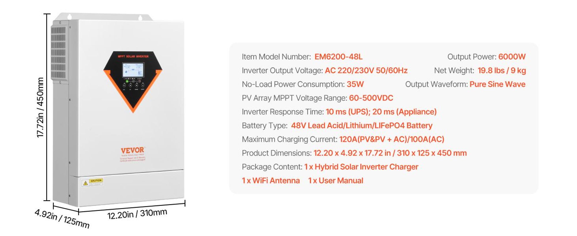 VEVOR Hybrid-Solarwechselrichter, 6000W, All-in-One reiner Sinuswellenwechselrichter-Ladegerät, 48V DC zu einphasigem 220/230V AC, mit 120A MPPT-Solarkontroller, für netzunabhängige Systeme mit Blei-Säure- und Lithiumbatterien, 6000W mit WiFi-Modul