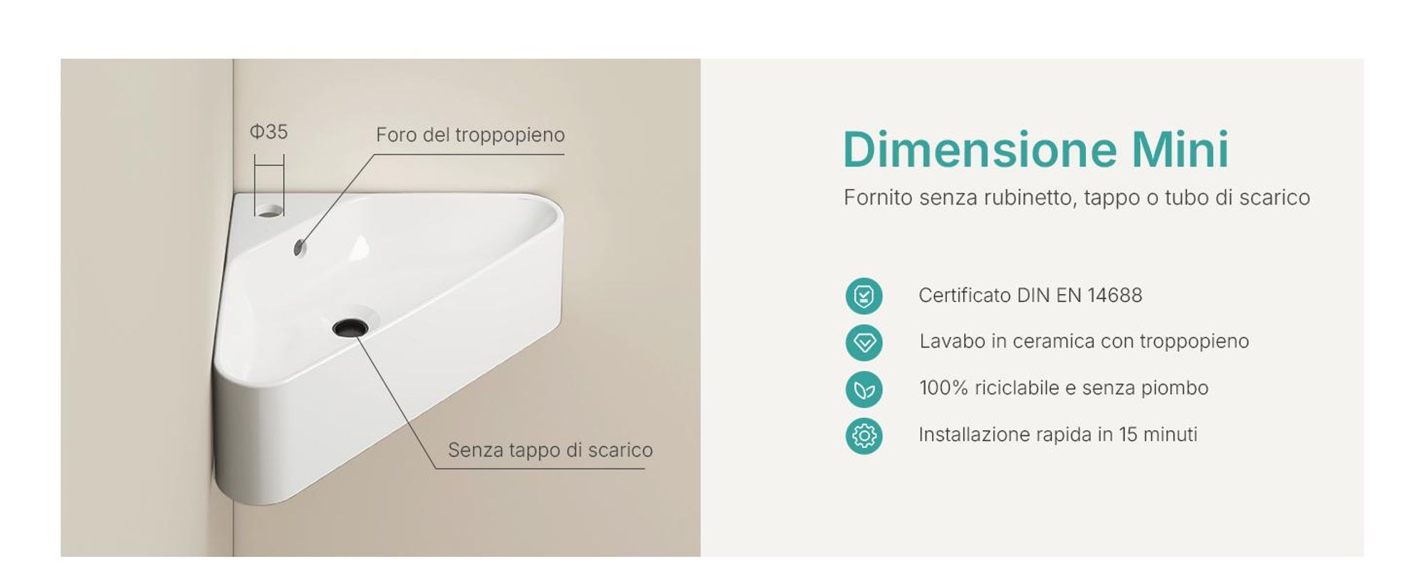 EMKE Lavabo angolare a parete in ceramica 560x340 mm Bianco lucido Lavabo triangolare a parete con troppopieno e foro per rubinetto per WC ospiti e bagni piccoli