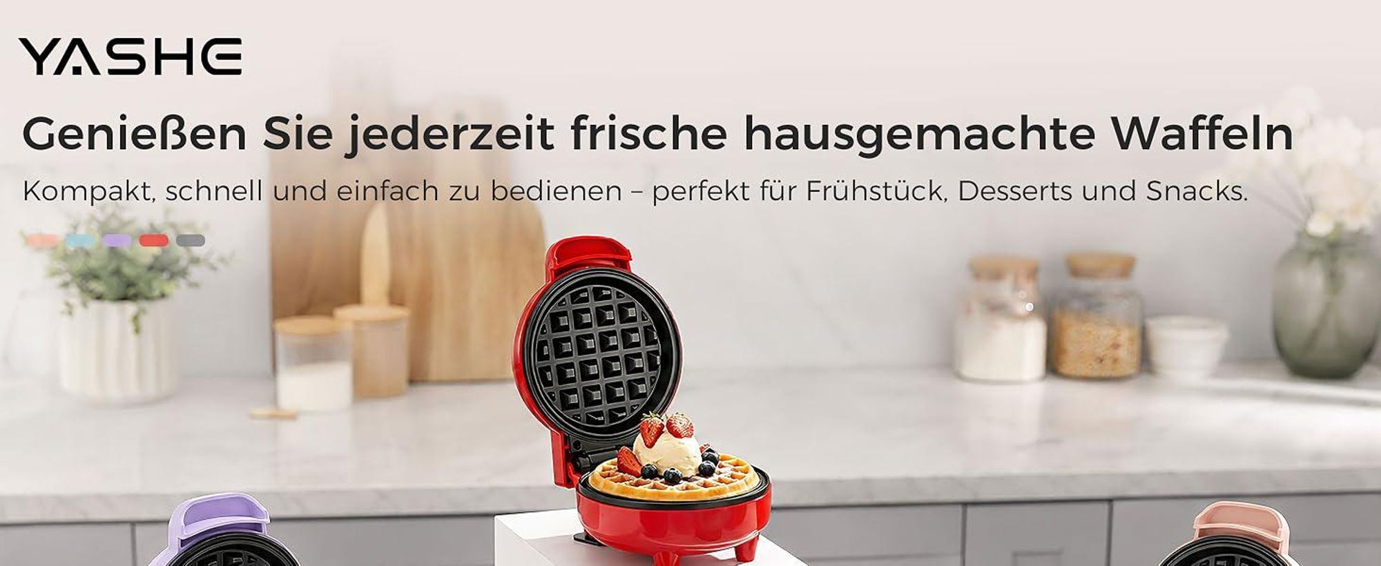 YASHE Mini Waffeleisen 550W, Antihaft-Waffelmaschine, Rosa
