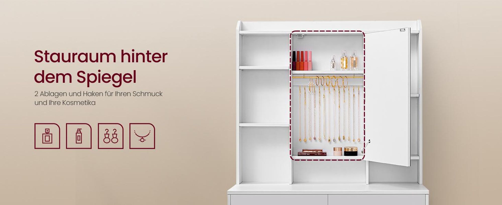 VASAGLE Frisiertisch, Kosmetiktisch mit Ladestation, Spiegel, LED-Licht, Schubladen, 40 x 105 x 145 cm, weiß