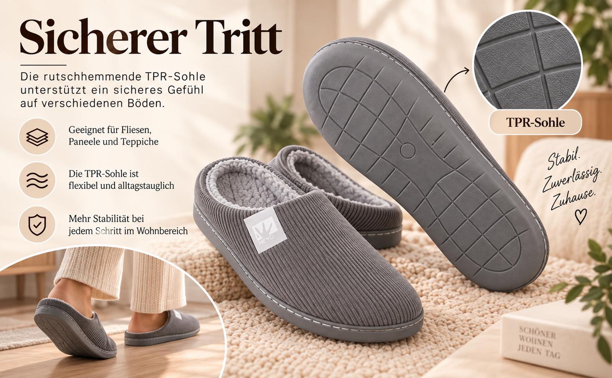 Uni Premium Cord Hausschuhe HEYO Pantoffeln Memory-Foam Teddy-Futter Slippers 40/41