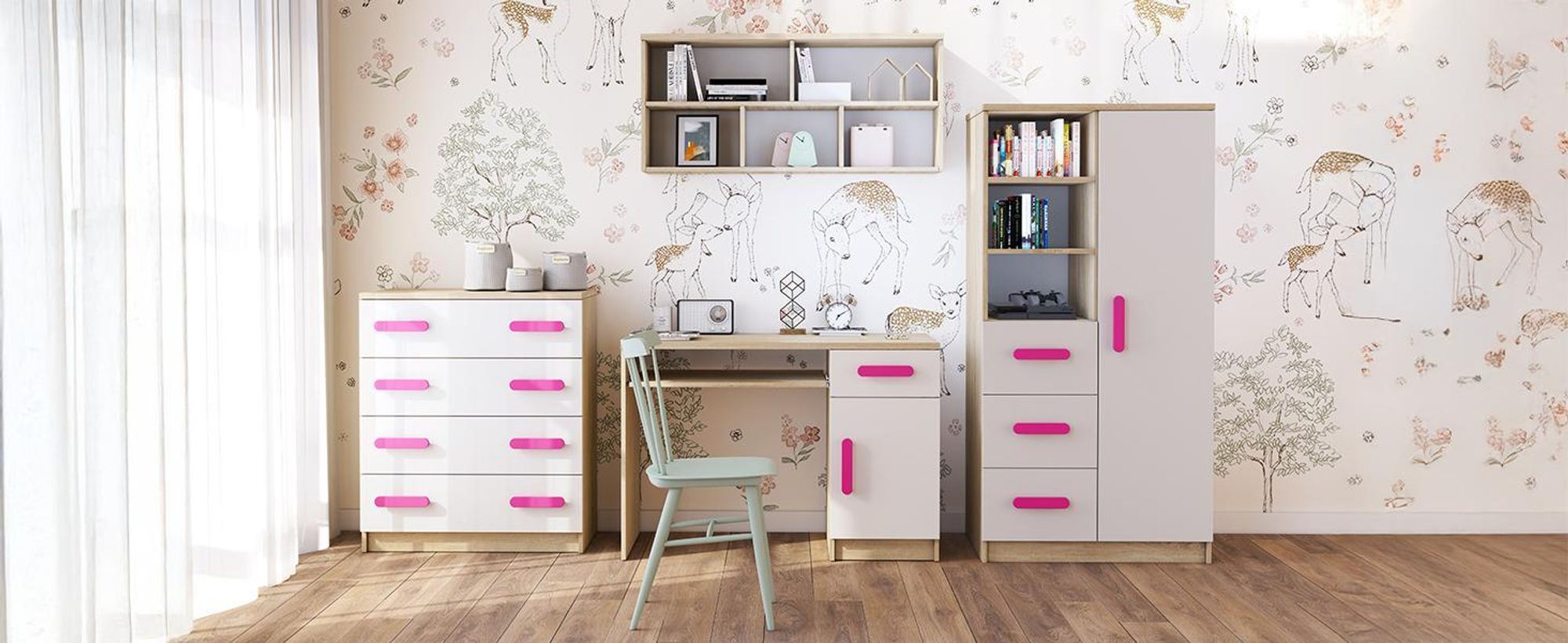 Kinder-Bücherregal Jonas 05 – 80 cm, Sonoma/Weiß mit Rosa Griffen, 3 Schubladen & 1 Tür