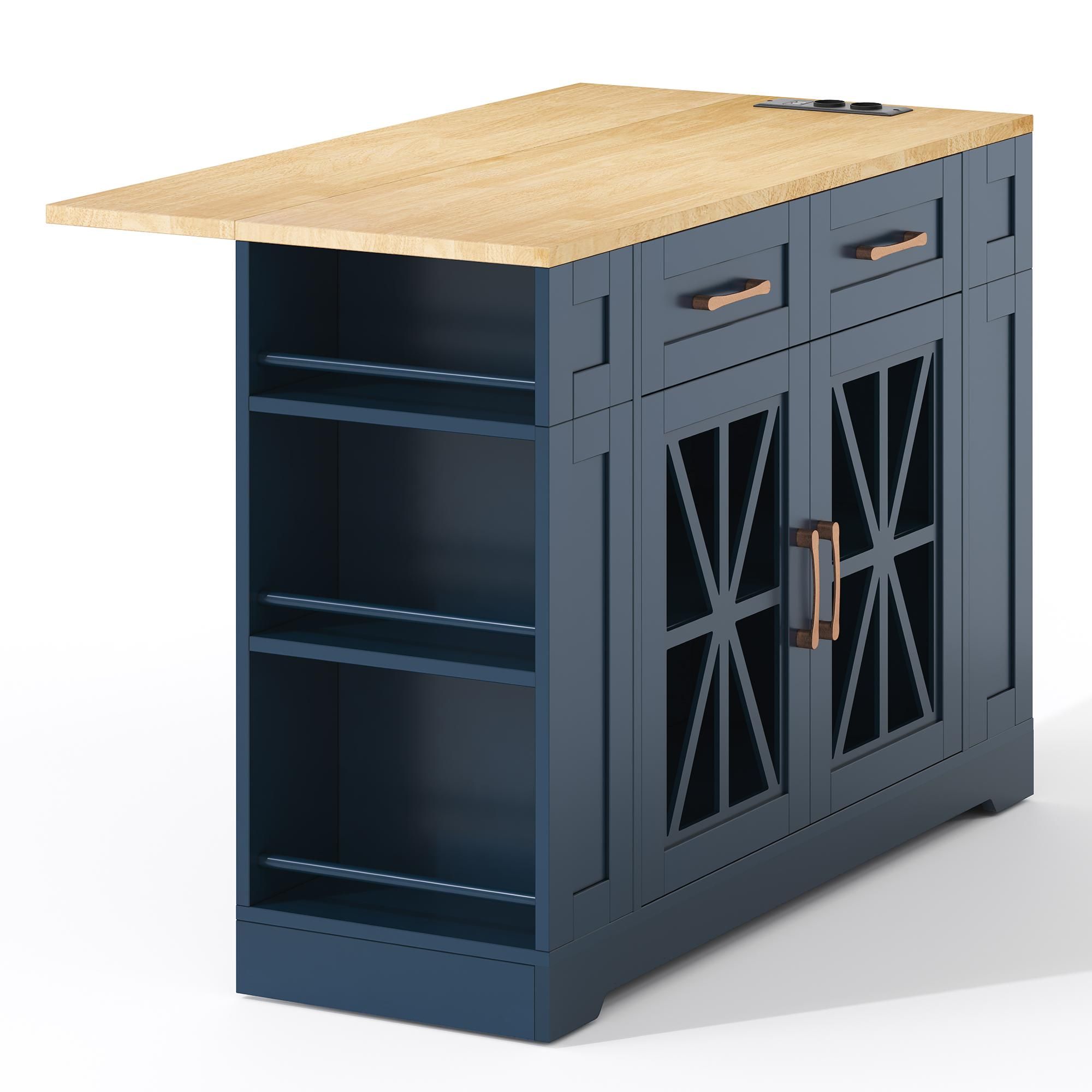 Flieks Servierwagen mit klappbarer Arbeitsplatte, Küchenwagen mit AC-Anschluss und USB-Anschluss, Küchenschrank mit Glastüren, Blau