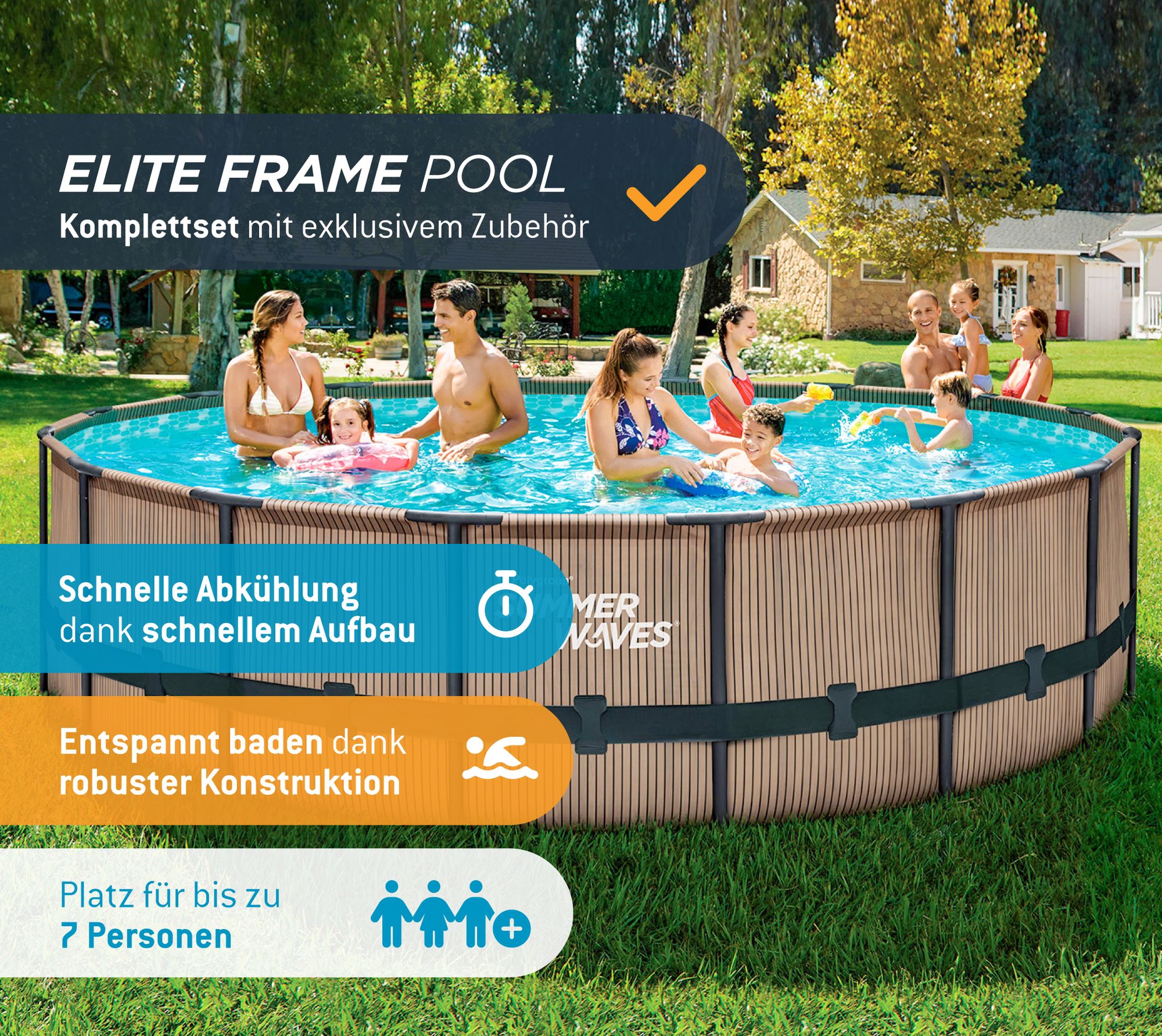 Summer Waves Elite Frame Pool Aufstellpool rund Komplettset Teakoptik braun Ø 488x122 cm