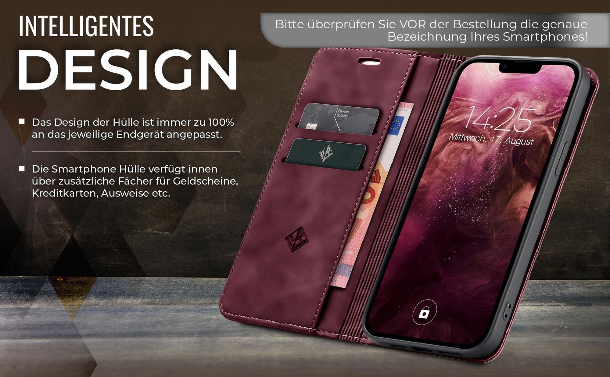 Edle Schutzhülle in Weinrot für Apple iPhone 16e mit Kartenfächern und Geldfach