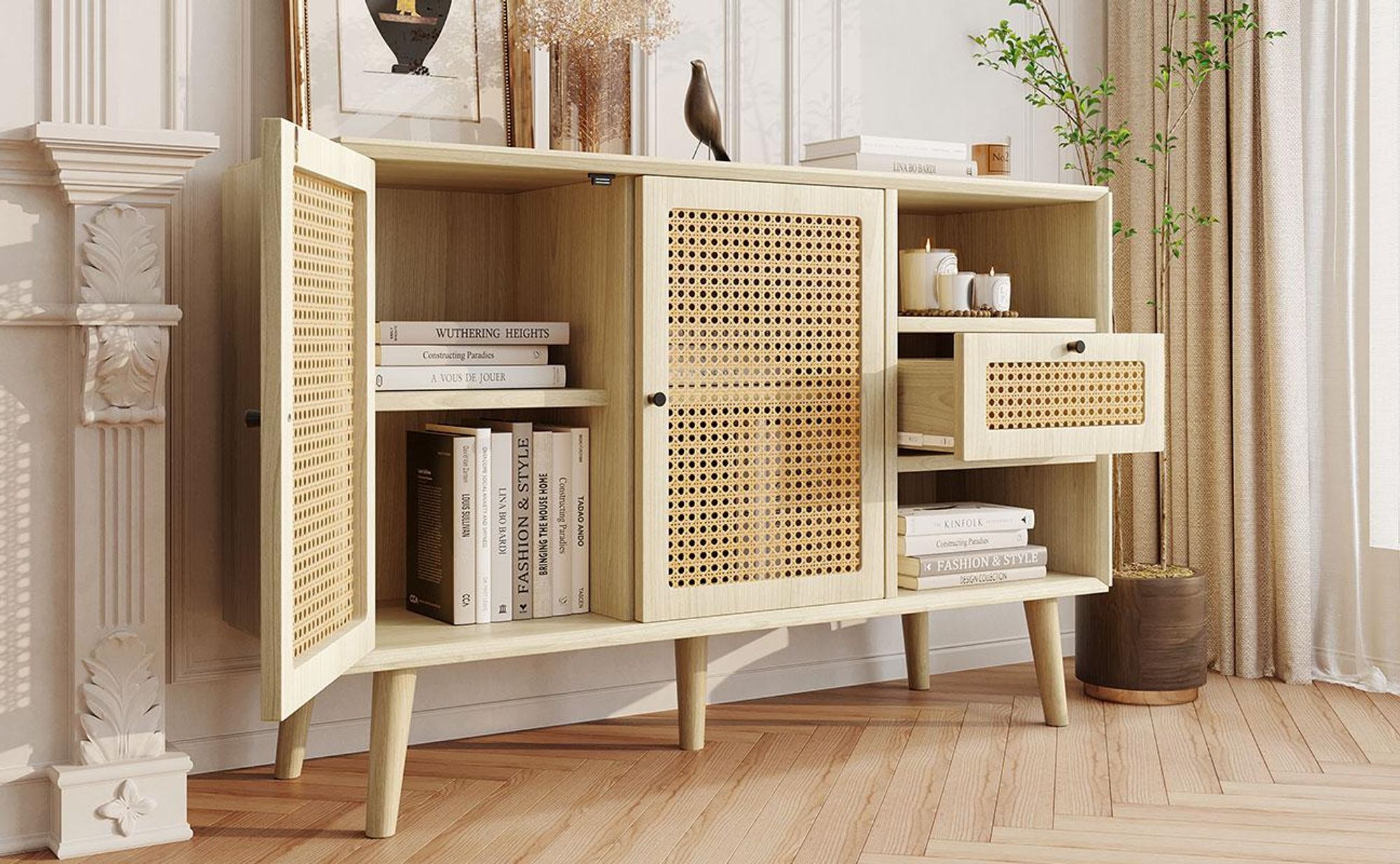 STILVORA Sideboard mit 1 Schublade und 2 Magnettüren, Kommode mit Rattangeflecht und verstellbaren Ablagen, Aufbewahrungsschrank mit Massivholzbeinen
