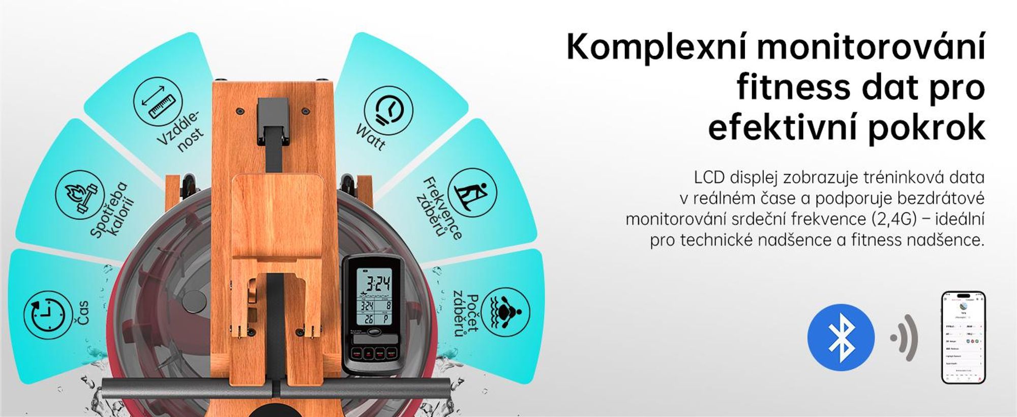 JASPORT R3 skládací veslovací trenažér z ho dubového dřeva s vodním odporem, Bluetooth, LCD, Kinomap, 28 l, do 150 kg – Cherry
