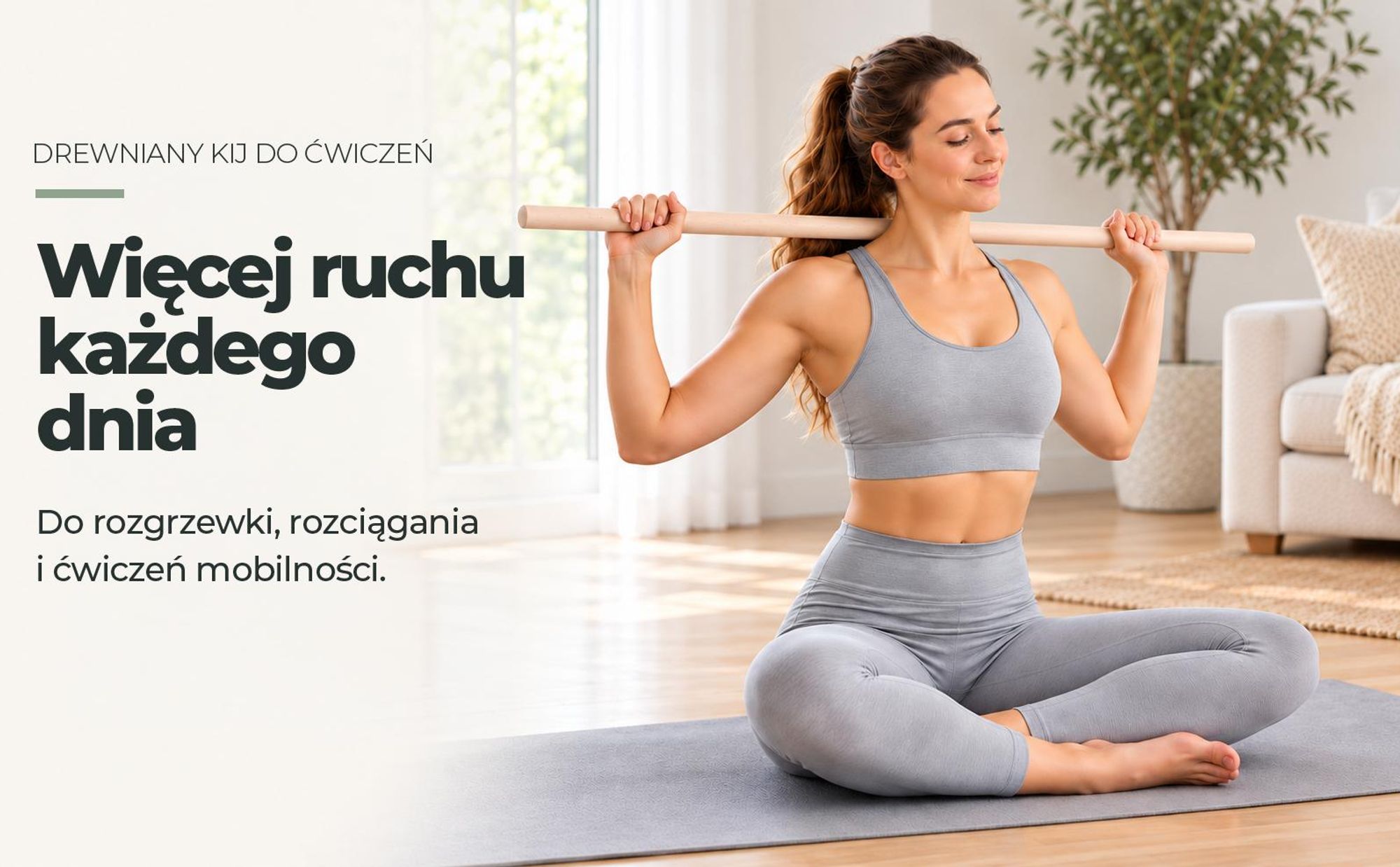 MOE UHANE® Drewniany kij gimnastyczny 100 cm do ćwiczeń, jogi, fitnessu, mobilności i równowagi, kij do rozciągania dla dzieci i dorosłych