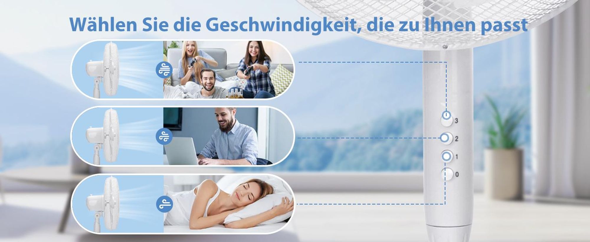 Aigostar - Standventilator, 3 Geschwindigkeiten, 7 Klingen, 41 cm Durchmesser, leise, 75° Oszillation, Weiß