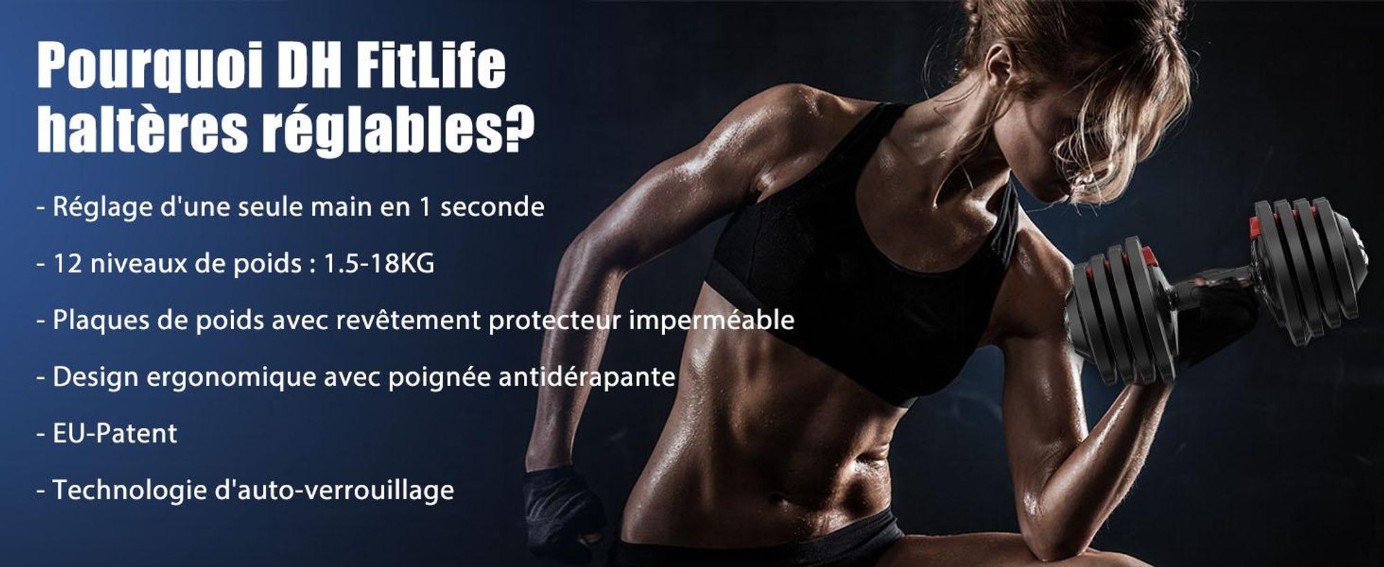 DH FitLife Haltères réglables 18 kg (Lot de 2) - 12 niveaux de poids, Poids variable 12 en 1, Disques inclus, Haltères ajustables courts