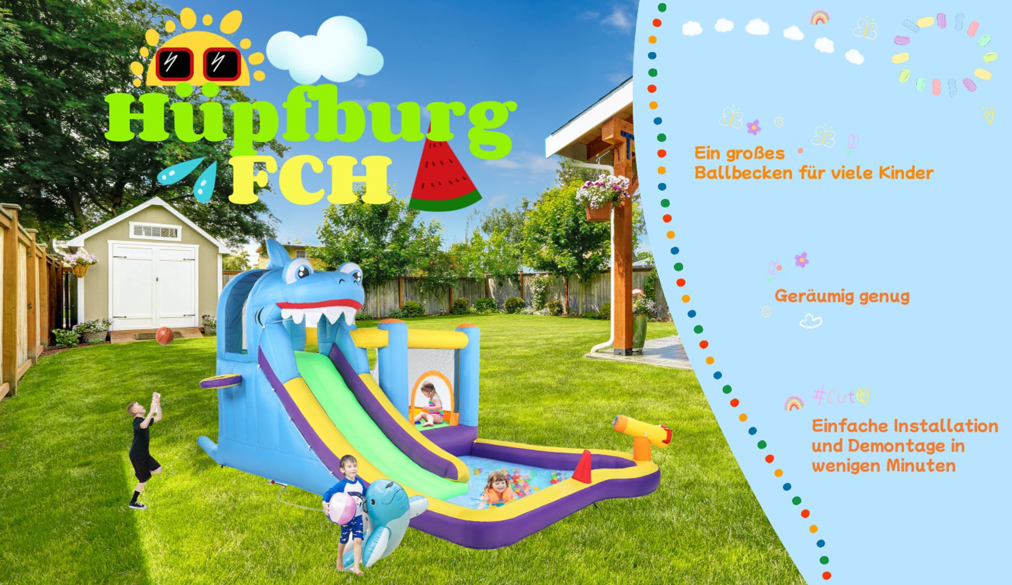 FCH Hüpfburg aufblasbar mit Rutsche Wasserrutsche Spielpool Wasserspielcenter Wasserpark Planschbecken 350x300x225cm（mit Gebläse）