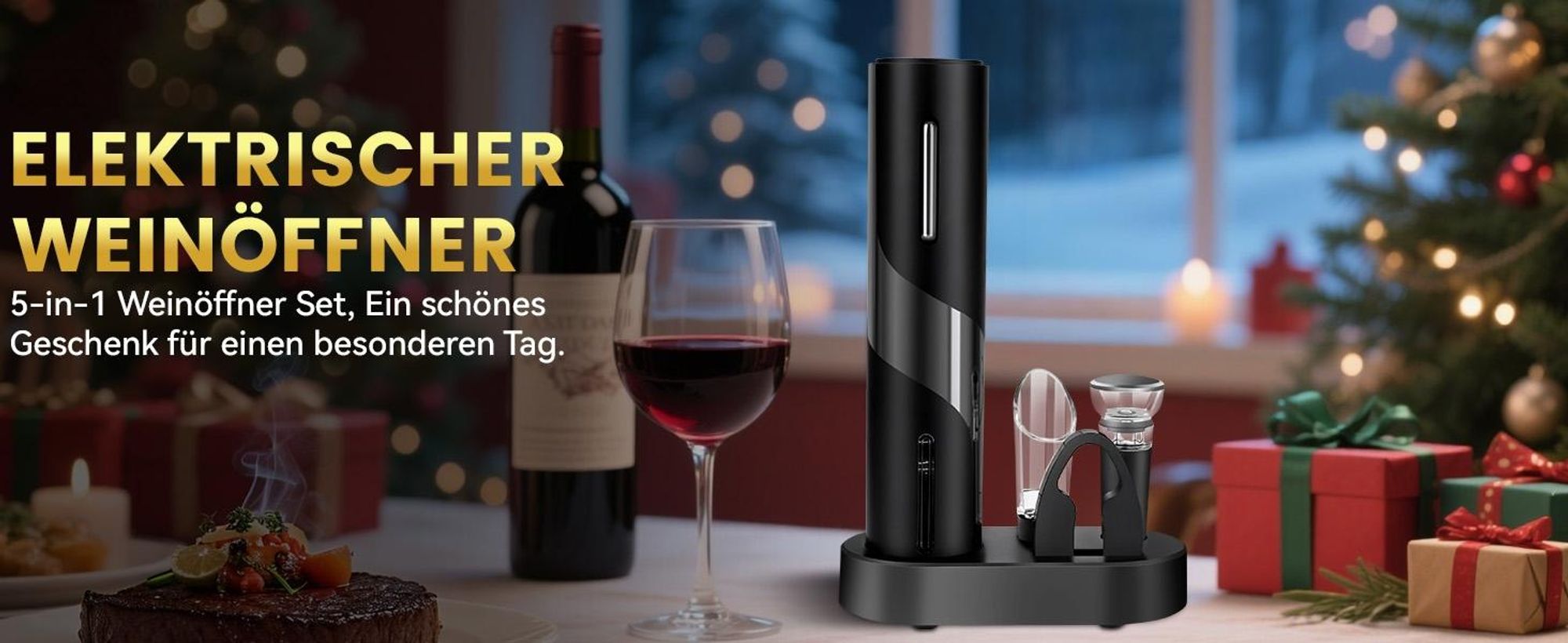 Elektrischer Weinöffner Set (6-in-1), Automatischer Korkenzieher mit Ladestation, Kapselschneider, Ausgießer & Vakuumverschluss