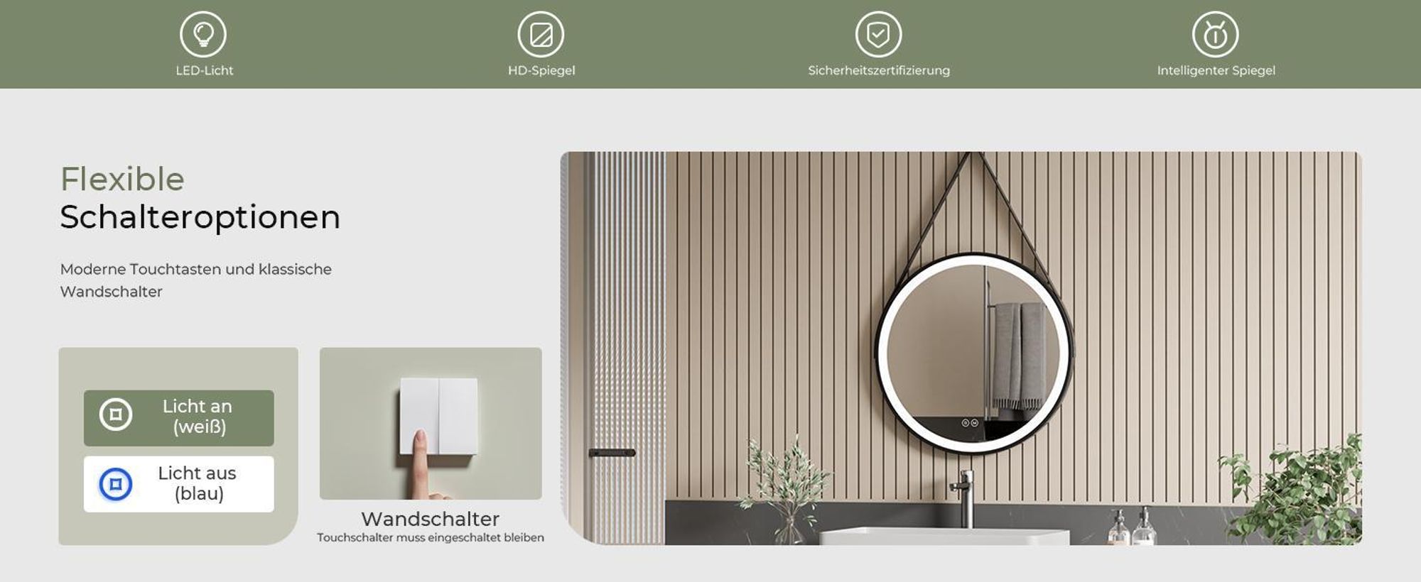 S'AFIELINA 70cm LED Badspiegel Rund Badezimmerspiegel mit Beleuchtung Schwarzer Rahmen Wandspiegel mit Touch-Schalter, 3 Lichtfarbe 3000/4000/6500K