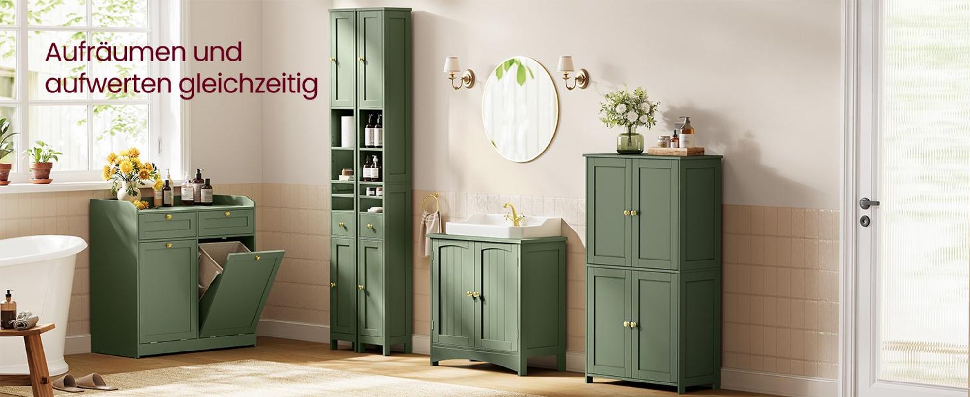 VASAGLE Badschrank mit 4 Türen, Badezimmerschrank mit höhenverstellbaren Einlegeböden, Shaker-Stil, grün