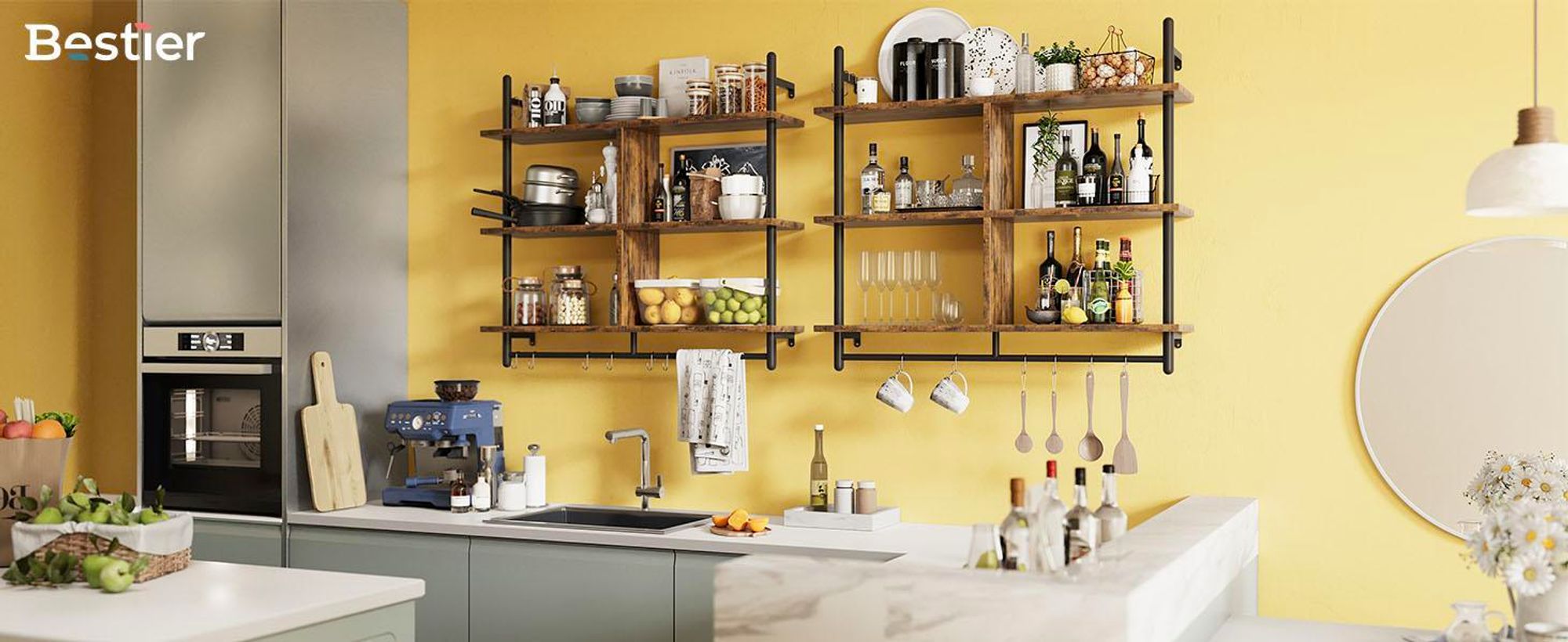 Bestier105,5cm Industrie-Regal Wandmontiertes 3-stufiges Leiterregal mit Rundrohr, wand wandregal, küchen regal, Bücher & Stauraum in Wohnzimmer