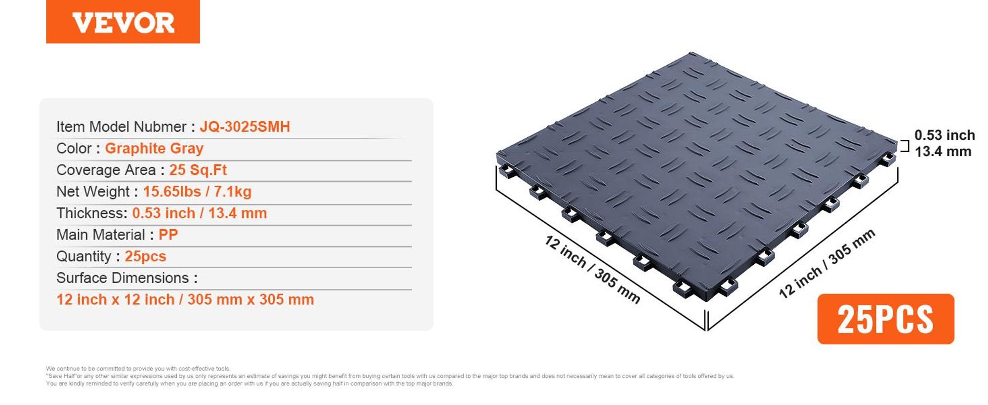 VEVOR Garagenfliesen, 12 x 12 x 0,53 Zoll, 25er Pack Garagenbodenbelagsfliesen, rutschfeste doppelseitige Textur Garagenbodenfliesen, für Garagen, Keller, Werkstätten, Rot, Graphitgrau-a
