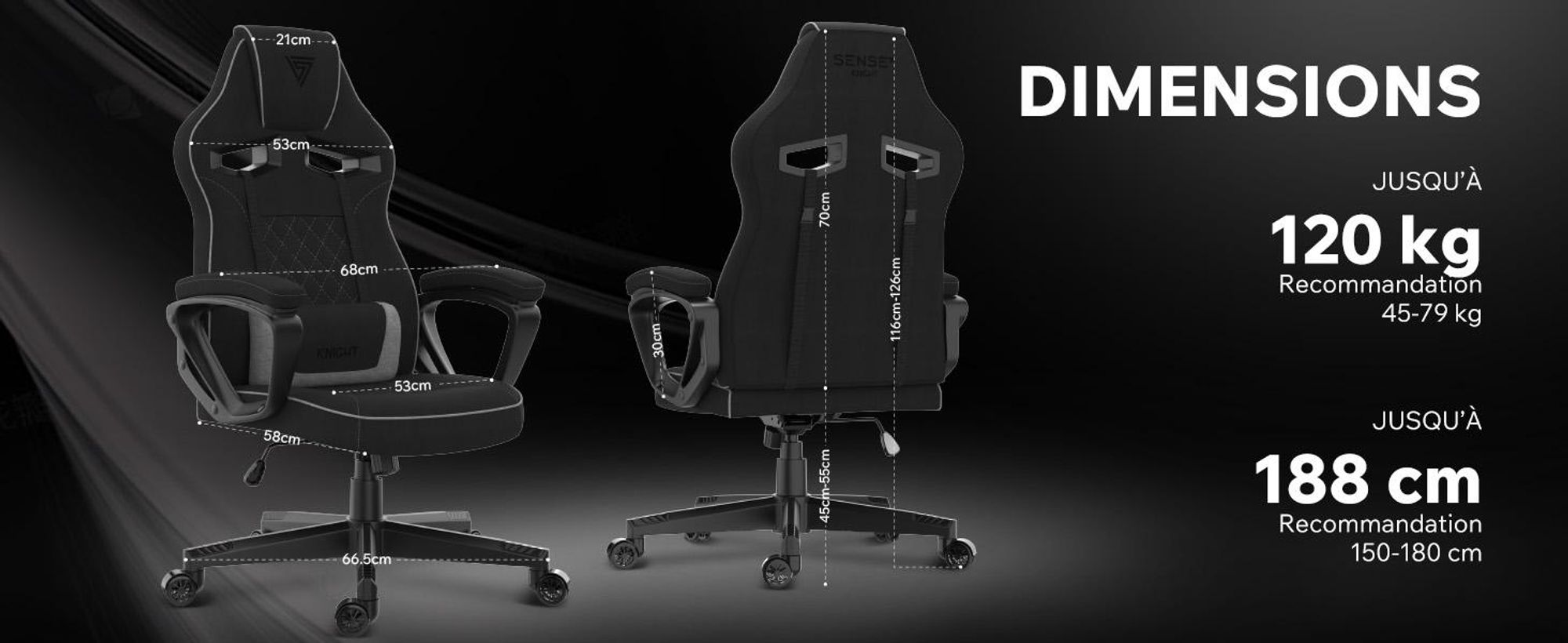 Chaise gaming SENSE7 Knight en tissu noir-gris - Chaise de bureau ergonomique Chaise de bureau Chaise d'ordinateur Chaise gaming Chaise de course 120 kg