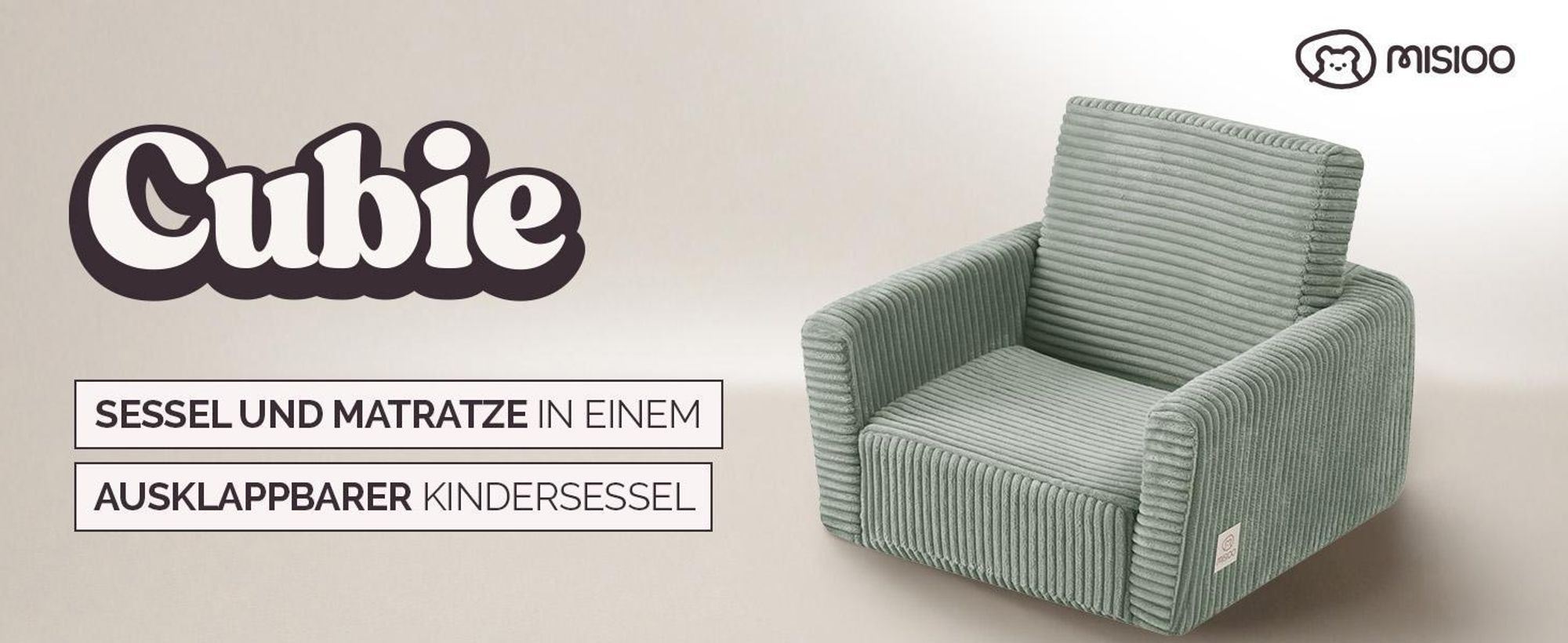 MISIOO Kindersessel CUBIE aus Cord, ausklappbarer Kinder Sessel und Baby Sofa, weicher Sessel für Kinderzimmer, klappbar zum Liegen - Grün