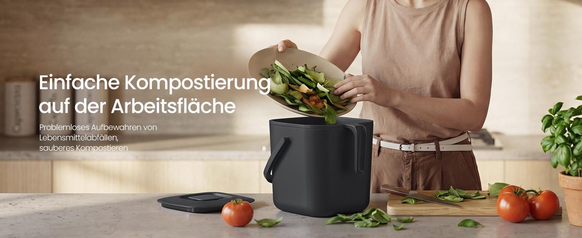SONGMICS Geruchsdichter Komposteimer mit Abtropfkorb, 4 L Bioeimer für die Küche, 21 x 20 x 19,5 cm, Schwarz