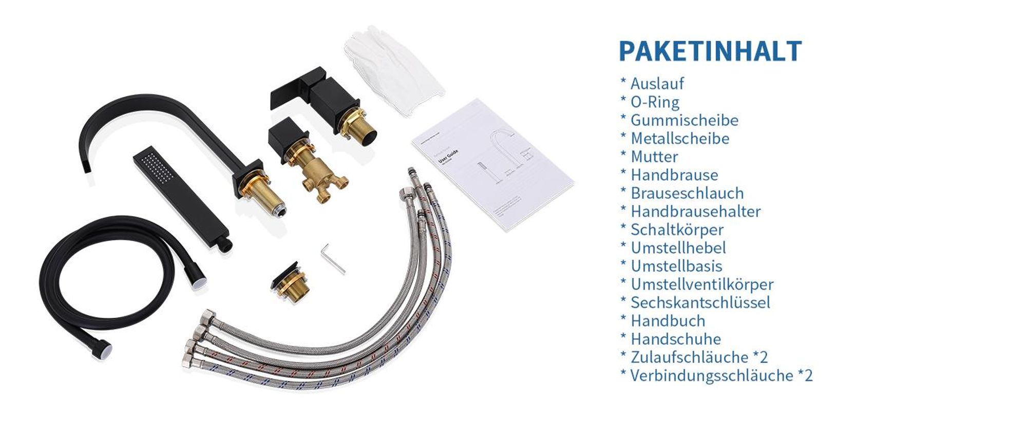 Homelody Badewannenarmatur 4 Loch Schwarz, Badewanne wasserhahn Duschset mit Armatur Handbrause Wasserfall Wannenarmatur