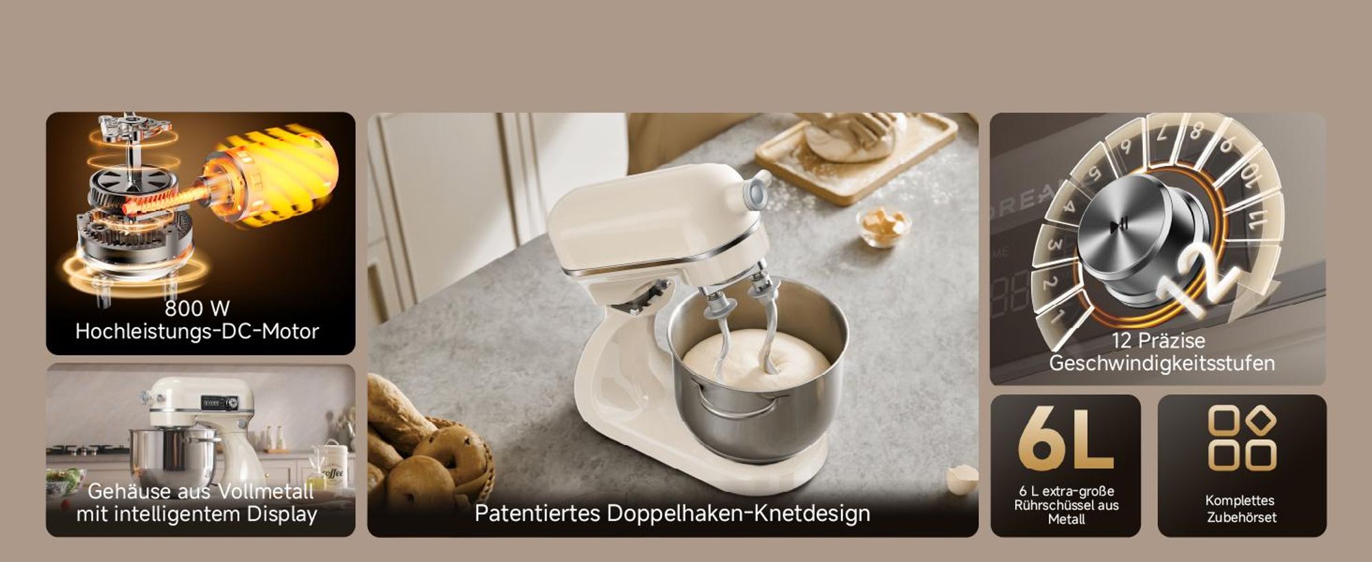 Dreame MX60 Standmixer mit patentiertem Doppelteighaken,leisem 800W,Intelligent Digitalanzeige,12 Geschwindigkeitsstufen,6-Liter Rührschüssel,creme