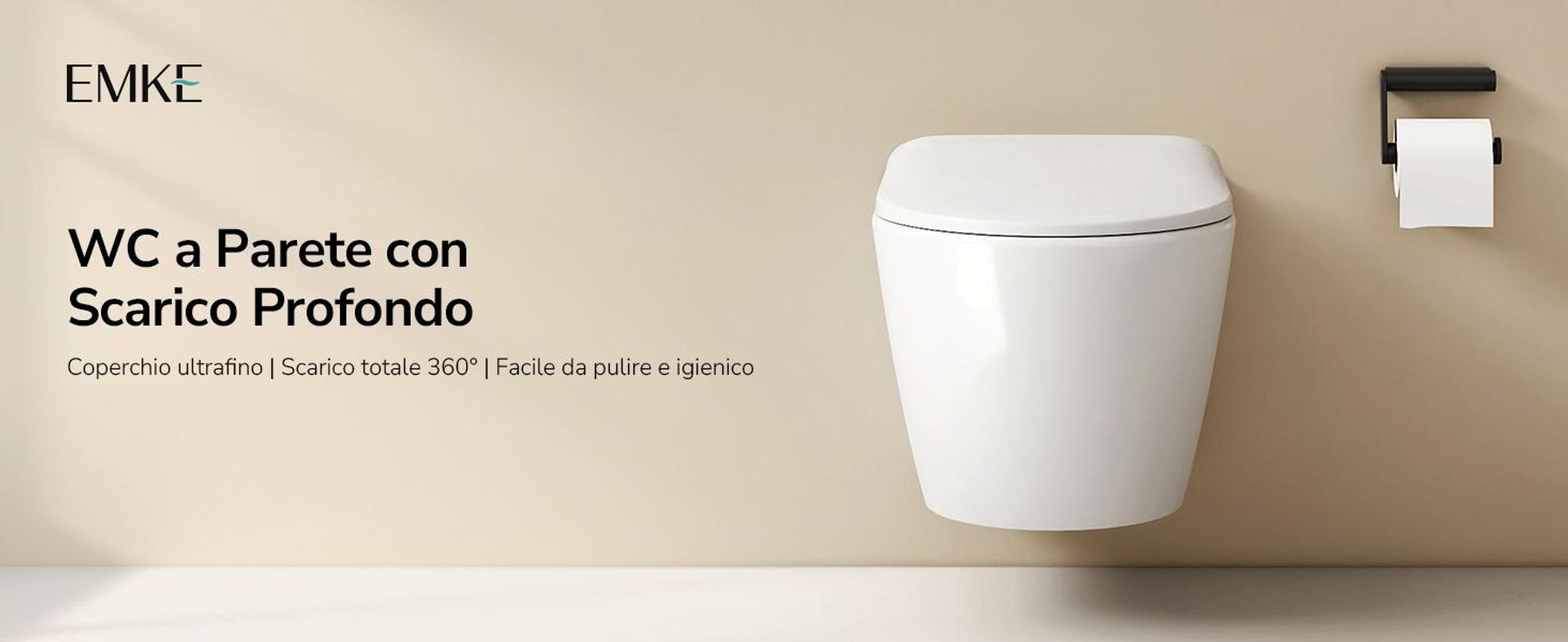 EMKE WC sospeso in ceramica senza bordo WC sospeso a risparmio idrico con risciacquo diretto Doppio foro di risciacquo Coperchio con chiusura morbida Bianco lucido