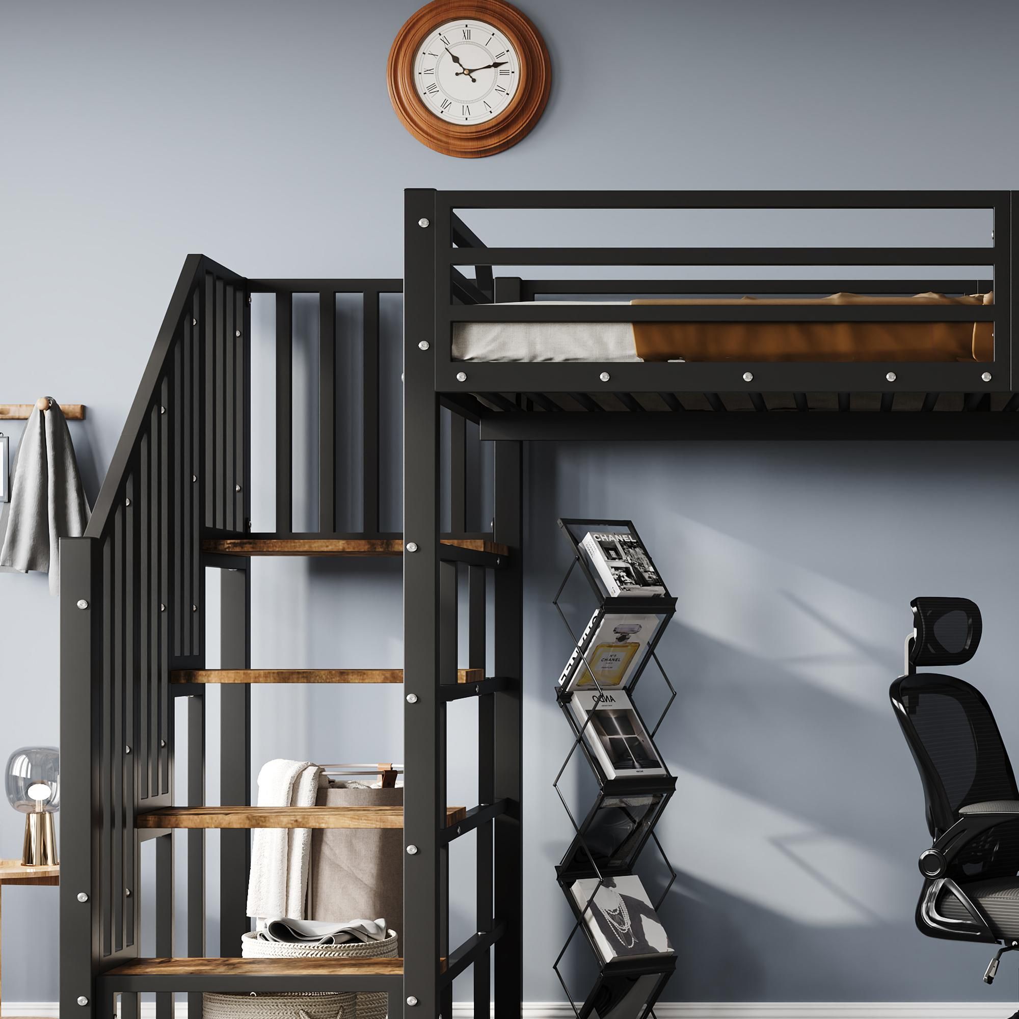 Flieks Etagenbett 120x200cm mit Schreibtisch und Ablage, Hochbett mit Treppe, Kinderbett Metallbett mit Rausfallschutz, Stockbett Schwarz