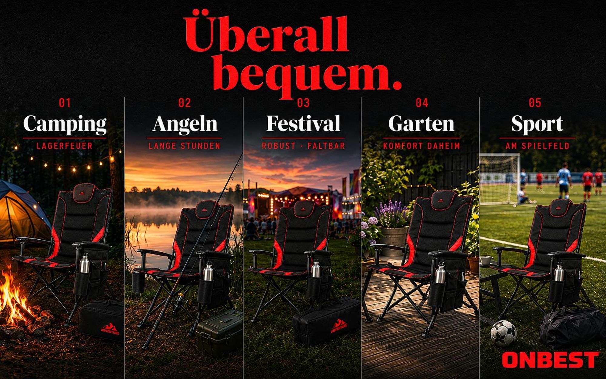 ONBEST Campingstuhl | faltbar | 150 kg | inklusive Tragetasche | Rückentasche | Stahlgestell | Wasserabweisend