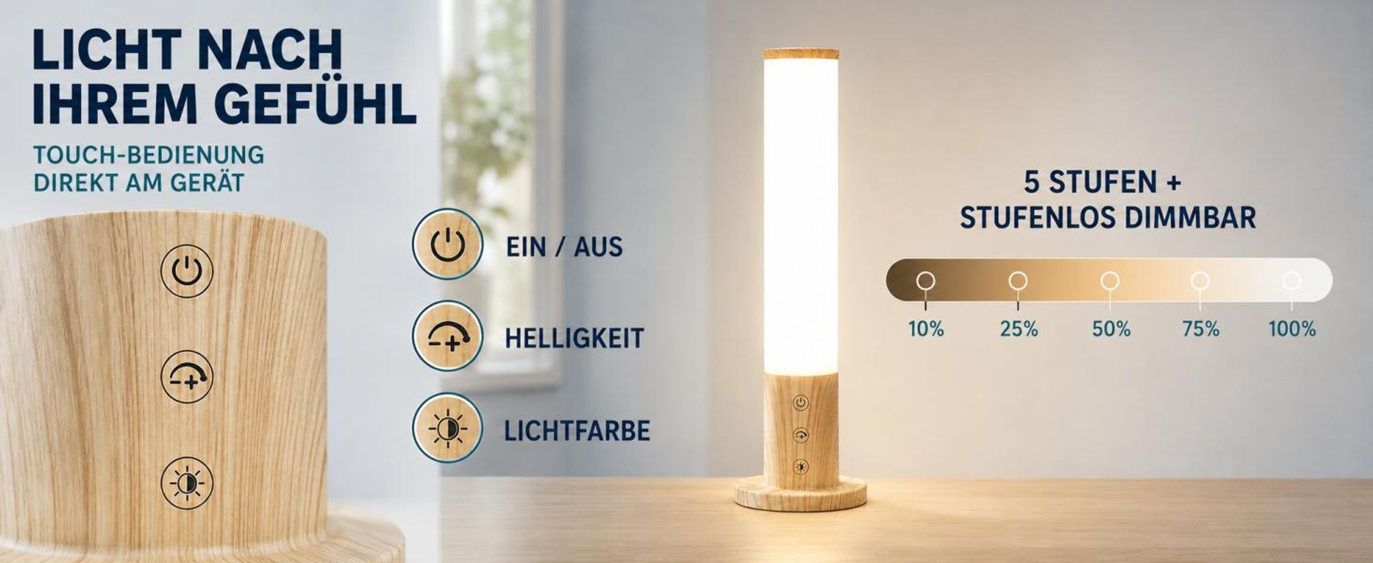 Lichttherapielampe 10000 Lux, 360° Tageslichtlampe in Holzoptik für den Schreibtisch, UV-frei, 3 Farbtemperaturen, 5 Stufen & stufenlos dimmbar, Touch