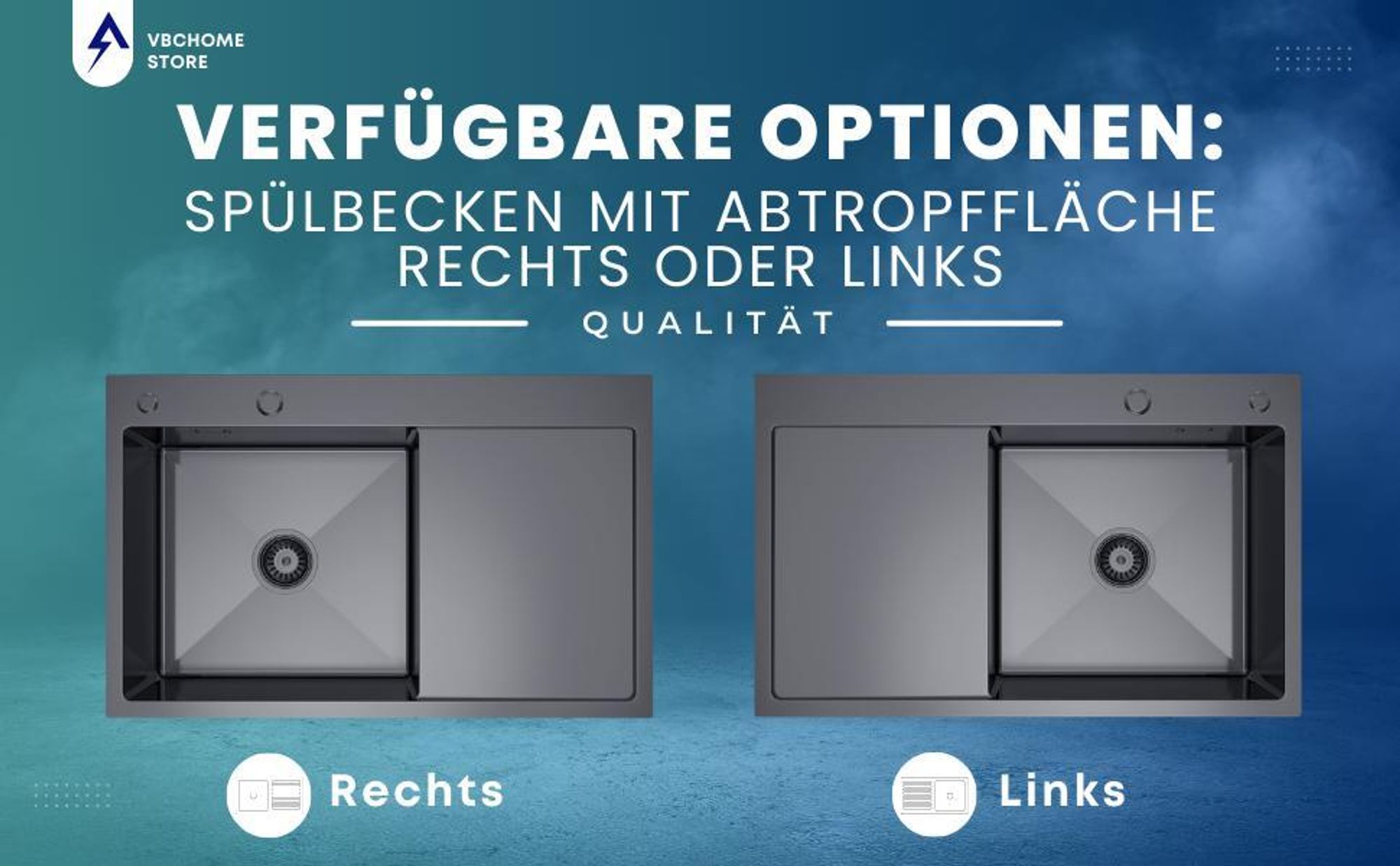 VBChome Küchenspüle 78×49 cm Edelstahl Stahlfarben mit Abtropffläche rechts – 1 Becken Spülbecken Einbauspüle Tiefe 21 cm Mindestunterschrank 50 cm