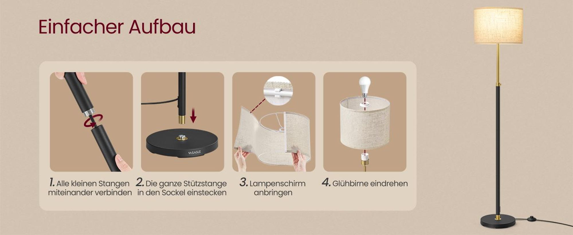 VASAGLE Stehleuchte, Standleuchte, Stehlampe, höhenverstellbare Leselampe, 140-170 cm hoch, mit Fußtaster, E27 Fassung