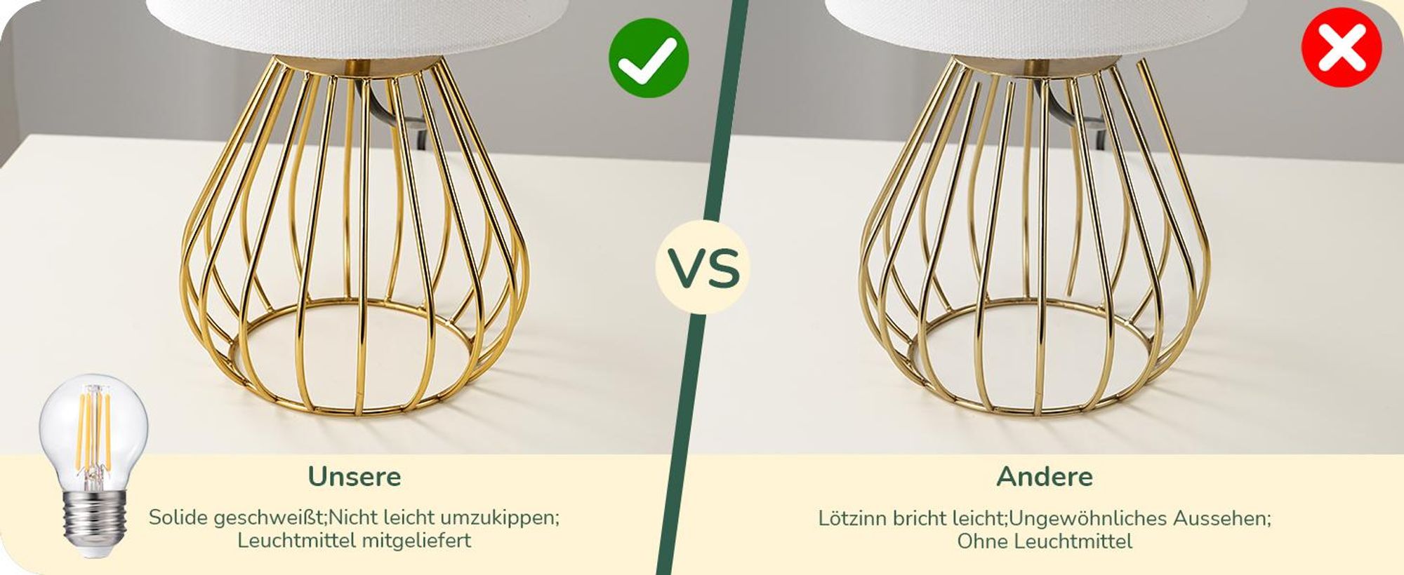 EDISHINE Nachttischlampe Industrial, Moderne Tischlampe, Schlafzimmer, Gold&Weiß