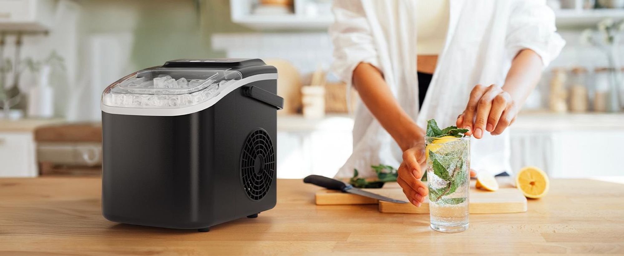 Eiswürfelmaschine, Eiswürfelbereiter, Ice Maker, 12KG/24H, 2 Eiswürfelgrößen, 1,2 L Tank, Selbstreinigende, mit Griff-Eiswürfelkorb/Schaufel