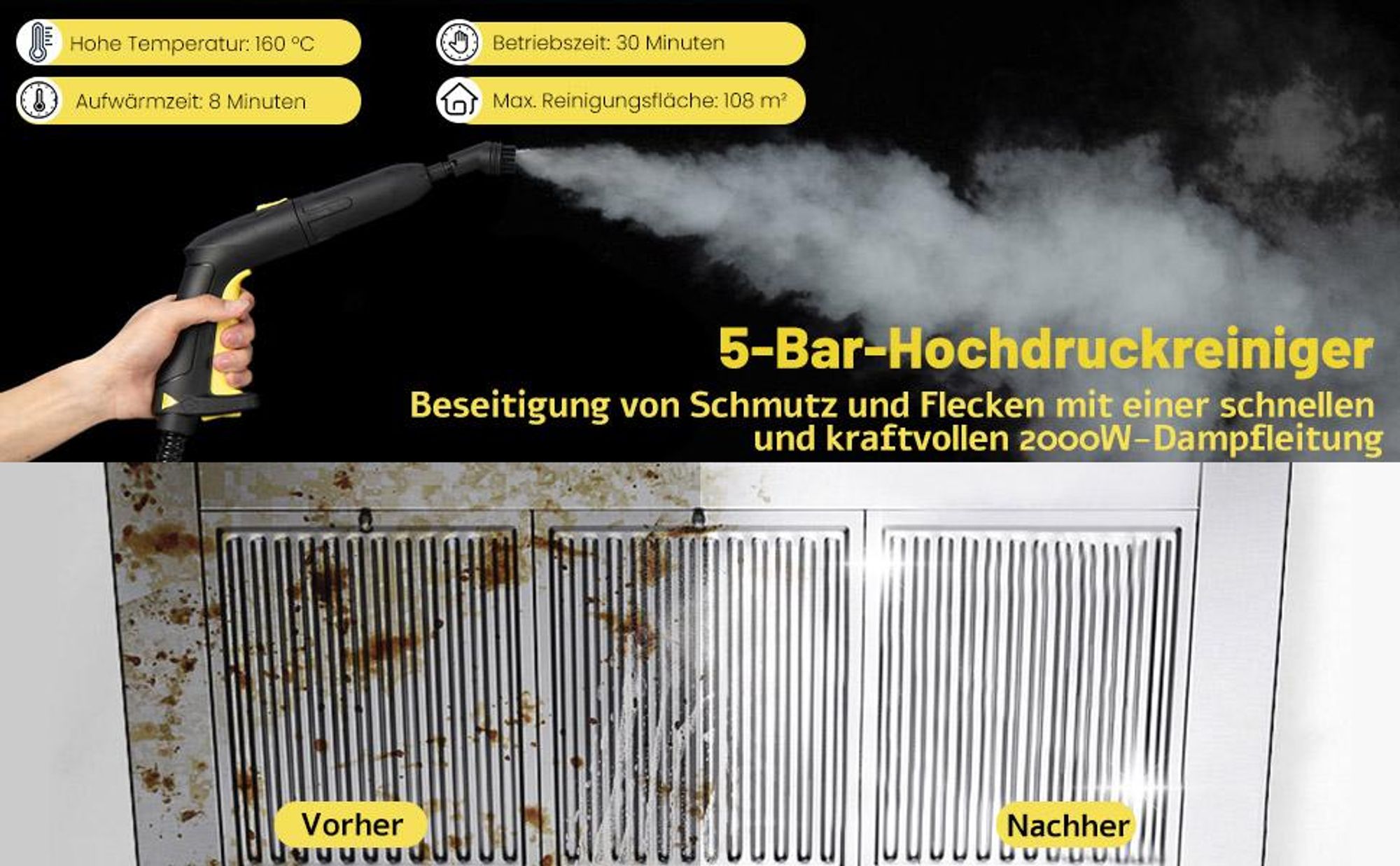 COSTWAY Dampfreiniger 2000W für 108 m², 5 bar Dampfdruck, Temperatur bis 160℃, 1,8L Tank, 8 Min. Aufheizzeit, Dampfgeräte mit 13 Zubehör & Netzkabel