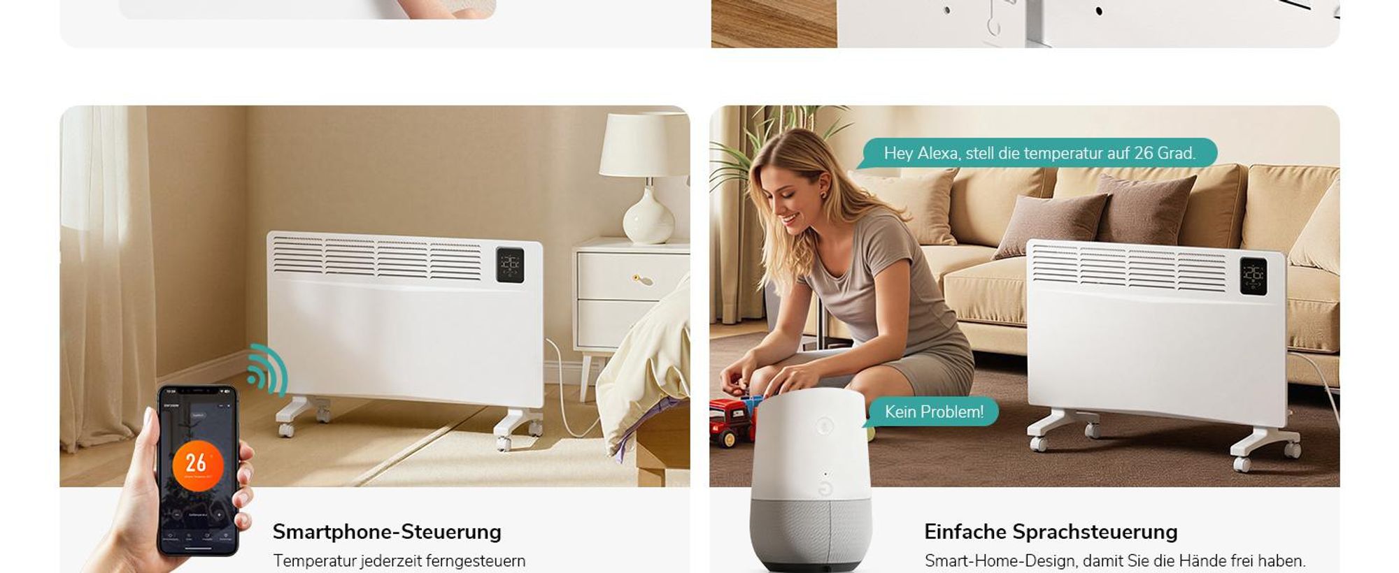 EMKE Konvektor Heizung 2000W mit WiFi & App, Elektroheizkörper Energiesparend, Wandheizung & Standgerät mit Rollen, 24/7 Timer, Weiß
