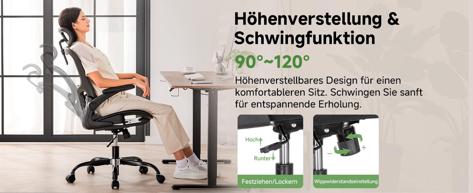 COMHOMA Bürostuhl Ergonomisch, Schreibtischstuhl mit Verstellbarer Kopfstütze, Armlehnen, Lendenwirbelstütze, Wippfunktion, Chefsessel aus Mesh, 150kg