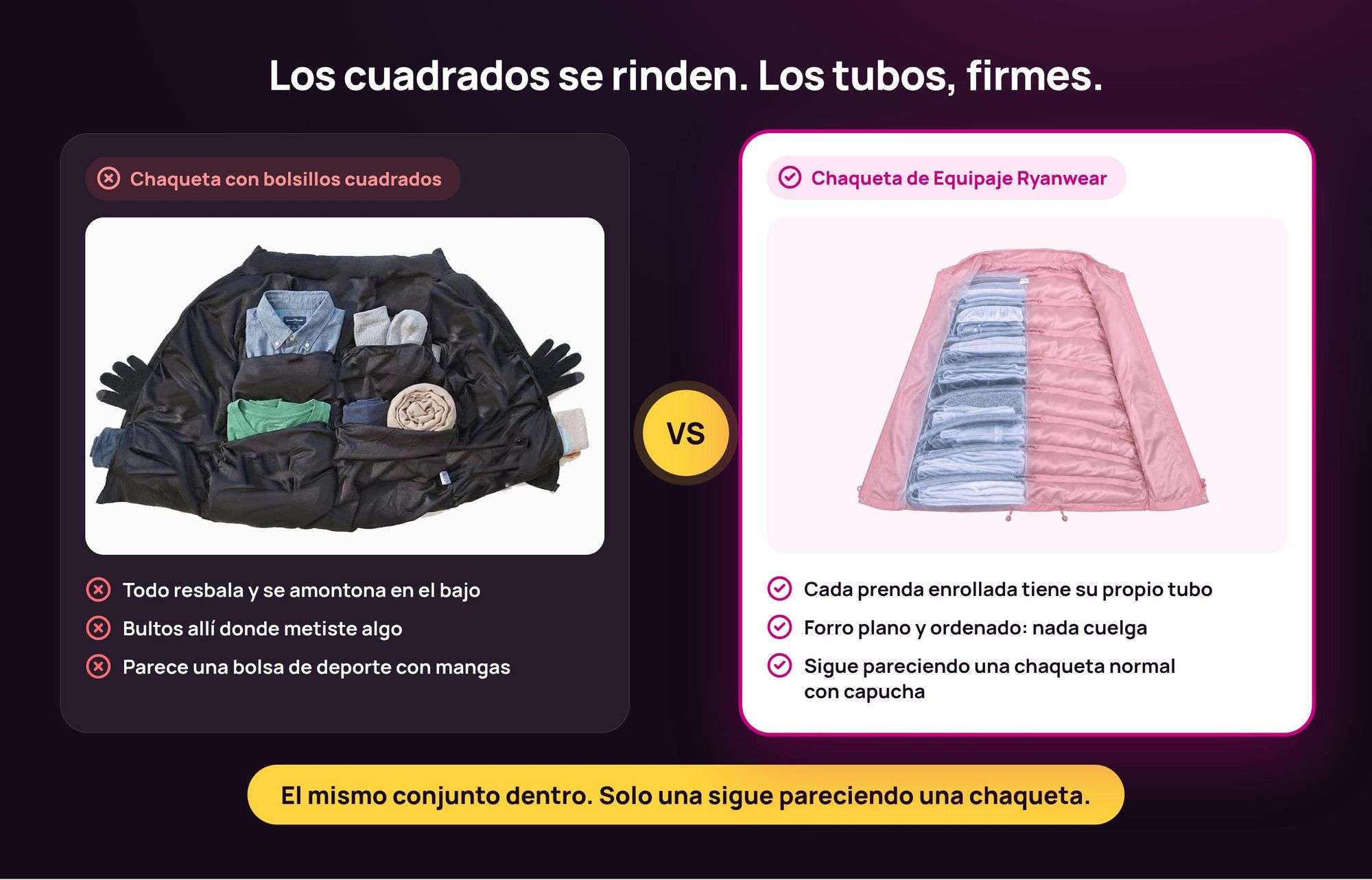 Comparativa: chaqueta con bolsillos cuadrados descolgada vs. Chaqueta de Equipaje Ryanwear